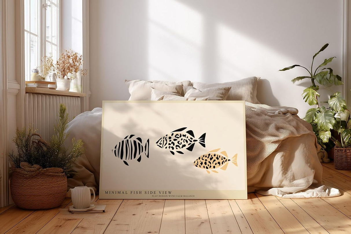 Paul Sinus Wandbild 120x80cm Fische minimalistische Illustration modernes Grafikdesign schwarz beige Kunstdruck stilvolle Wanddekoration fuer Wohnzimmer Bad Kueche