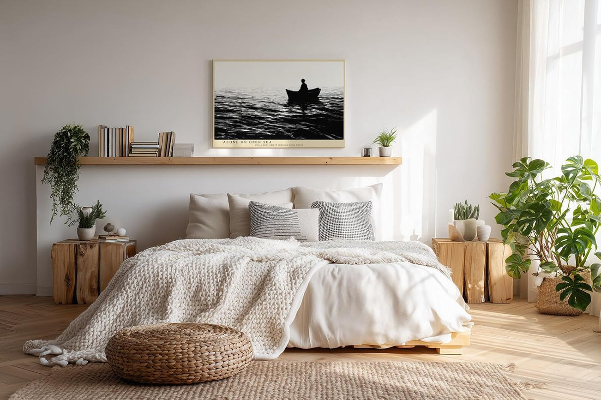 Paul Sinus Wandbild 120x80cm Fischer im Boot auf offenem Meer Schwarz Weiss Fotokunst ruhiges maritimes Kunstposter elegante Wanddekoration fuer Wohnzimmer Schlafzimmer Büro
