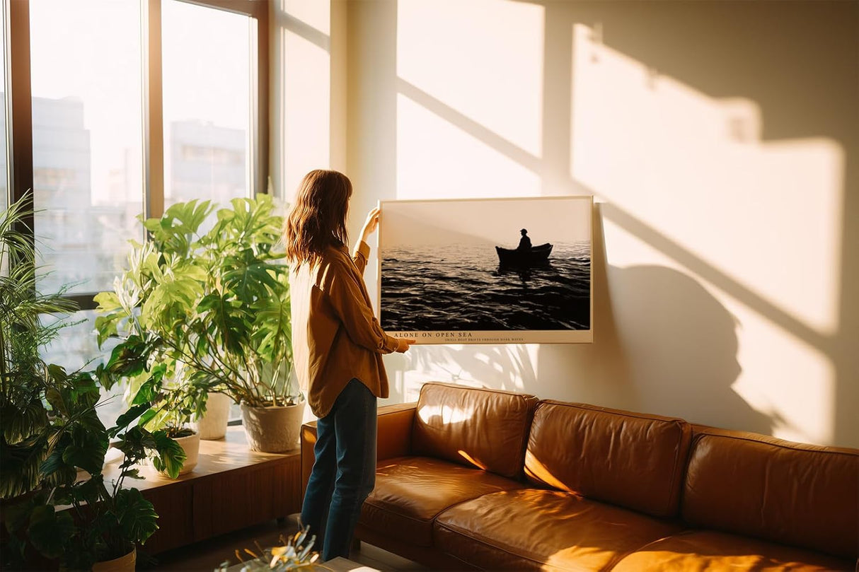 Paul Sinus Wandbild 120x80cm Fischer im Boot auf offenem Meer Schwarz Weiss Fotokunst ruhiges maritimes Kunstposter elegante Wanddekoration fuer Wohnzimmer Schlafzimmer Büro