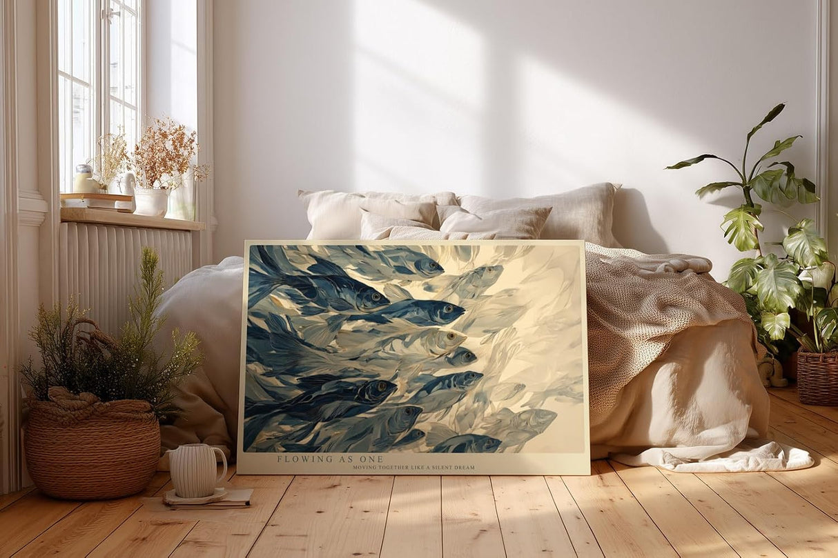 Paul Sinus Wandbild 120x80cm Fischschwarm abstrakte Unterwasser Kunst blau beige moderne Meeresillustration grosses Kunstbild stilvolle Wanddekoration fuer Wohnzimmer Büro Flur
