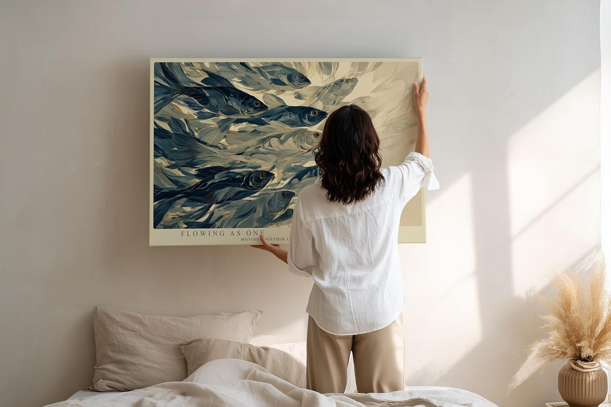 Paul Sinus Wandbild 120x80cm Fischschwarm abstrakte Unterwasser Kunst blau beige moderne Meeresillustration grosses Kunstbild stilvolle Wanddekoration fuer Wohnzimmer Büro Flur