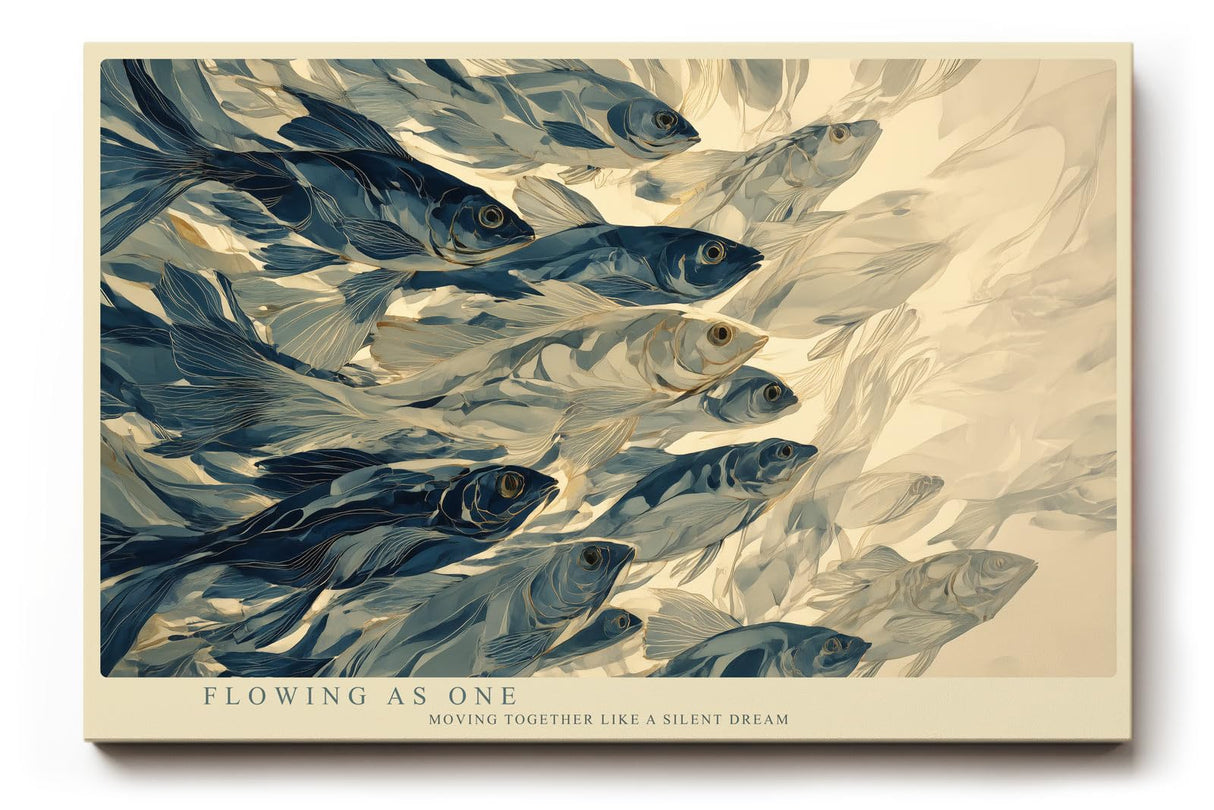 Paul Sinus Wandbild 120x80cm Fischschwarm abstrakte Unterwasser Kunst blau beige moderne Meeresillustration grosses Kunstbild stilvolle Wanddekoration fuer Wohnzimmer Büro Flur