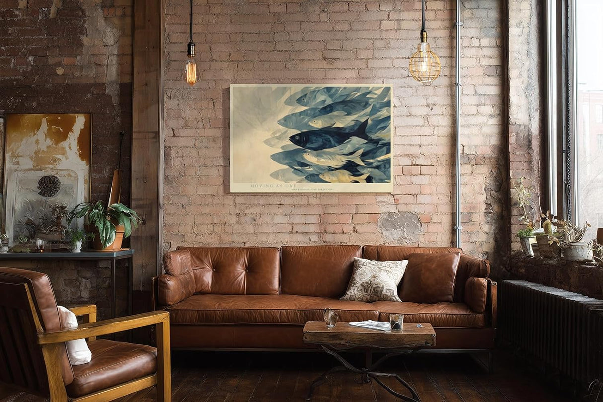 Paul Sinus Wandbild 120x80cm Fischschwarm modern blau abstrakte Meereskunst Kunstdruck grosses Kunstbild stilvolle Wanddekoration fuer Wohnzimmer Büro Flur