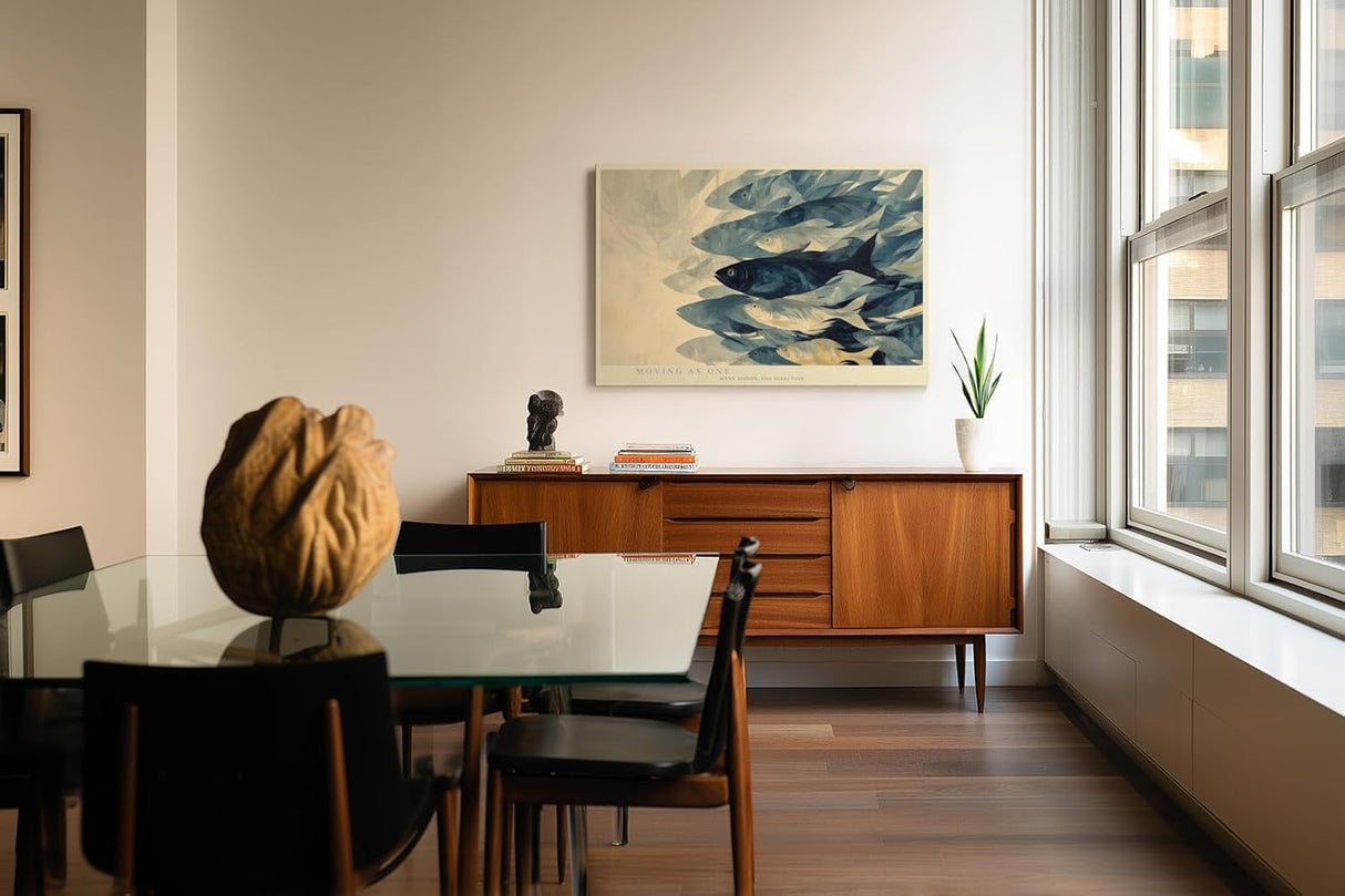 Paul Sinus Wandbild 120x80cm Fischschwarm modern blau abstrakte Meereskunst Kunstdruck grosses Kunstbild stilvolle Wanddekoration fuer Wohnzimmer Büro Flur