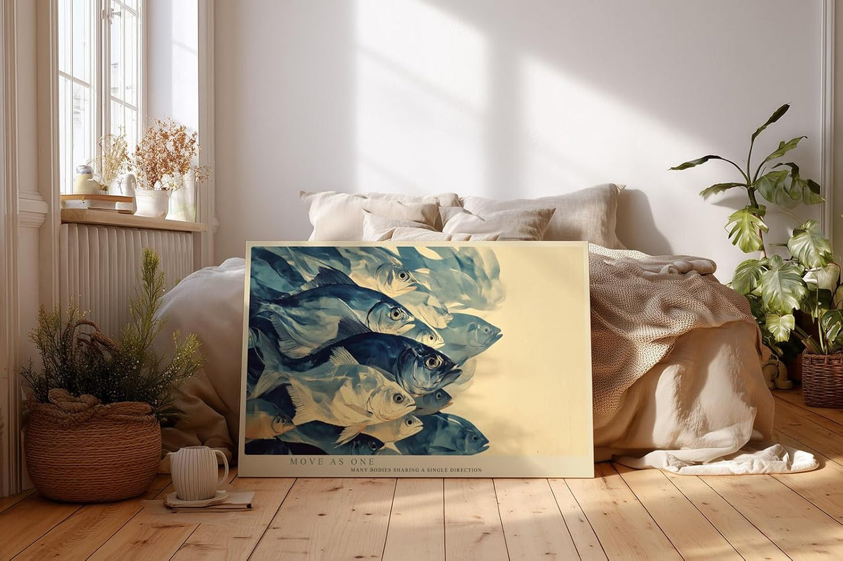 Paul Sinus Wandbild 120x80cm Fischschwarm Unterwasser Kunst moderne Meeresmalerei blau beige Naturfarben stilvolle Wanddekoration fuer Wohnzimmer Büro