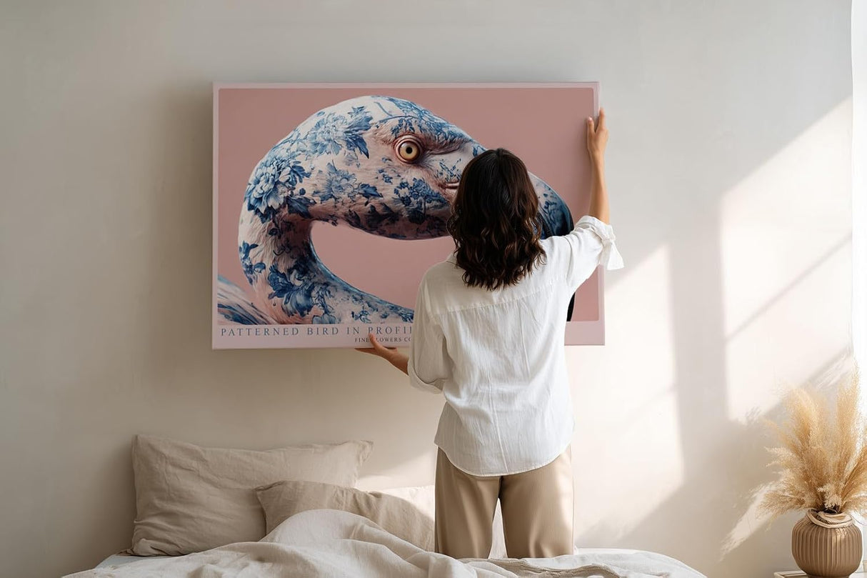 Paul Sinus Wandbild 120x80cm Flamingo Profil blau weißes Muster kunstvolle Tierillustration moderne Tierkunst stilvolle