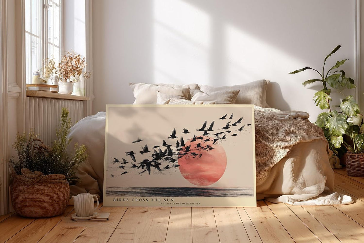 Paul Sinus Wandbild 120x80cm fliegende Vögel vor roter Sonne modernes Naturmotiv minimalistische Landschaft Kunstbild schwarz beige stilvolle