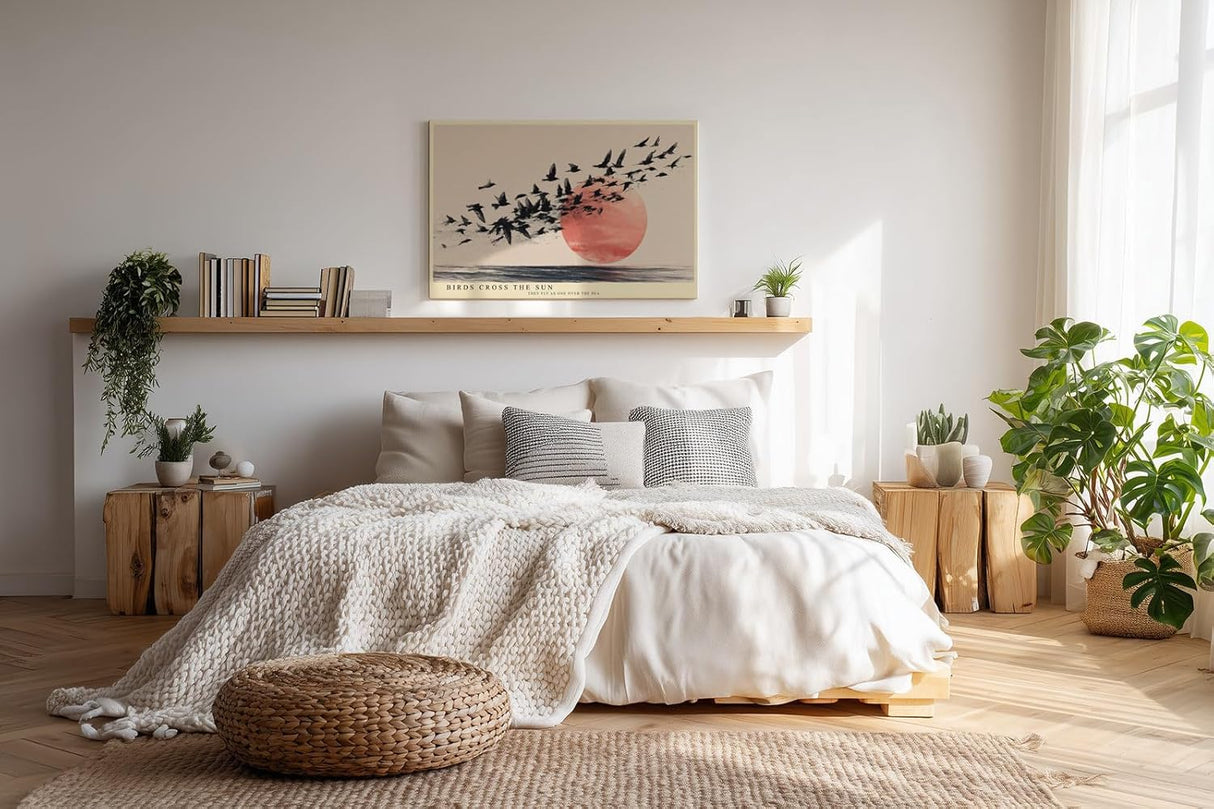 Paul Sinus Wandbild 120x80cm fliegende Vögel vor roter Sonne modernes Naturmotiv minimalistische Landschaft Kunstbild schwarz beige stilvolle