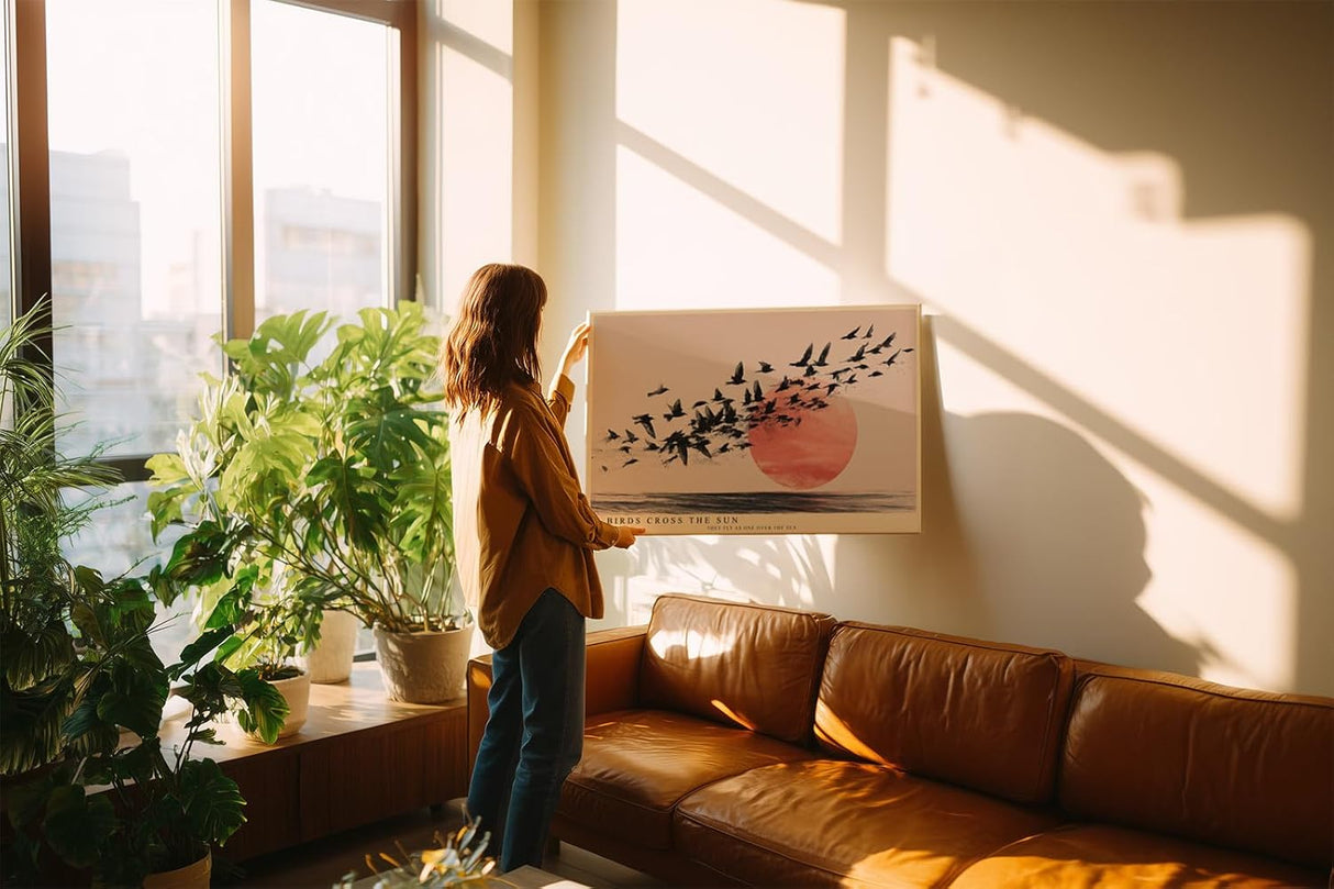 Paul Sinus Wandbild 120x80cm fliegende Vögel vor roter Sonne modernes Naturmotiv minimalistische Landschaft Kunstbild schwarz beige stilvolle