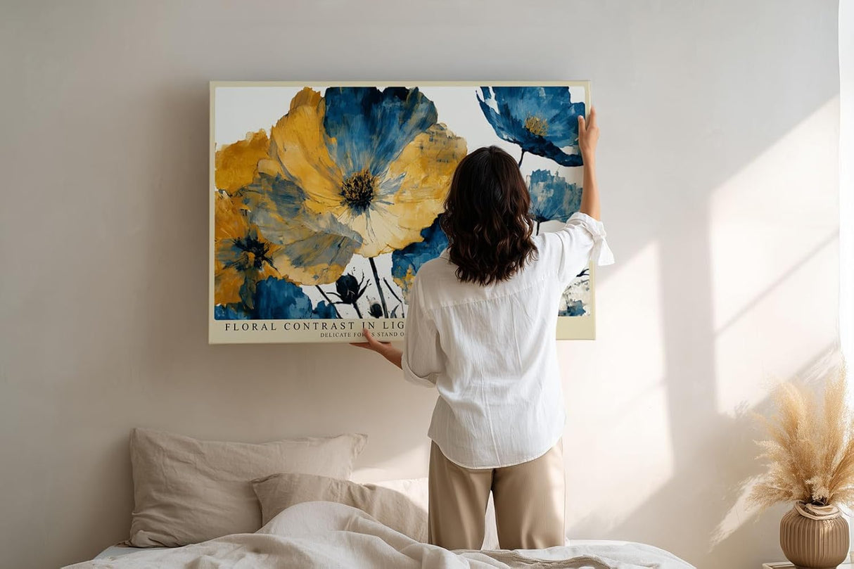 Paul Sinus Wandbild 120x80cm Floral Contrast in Light moderne Blumen Illustration in Blau und Gold Kunst Poster für Wohnzimmer Schlafzimmer