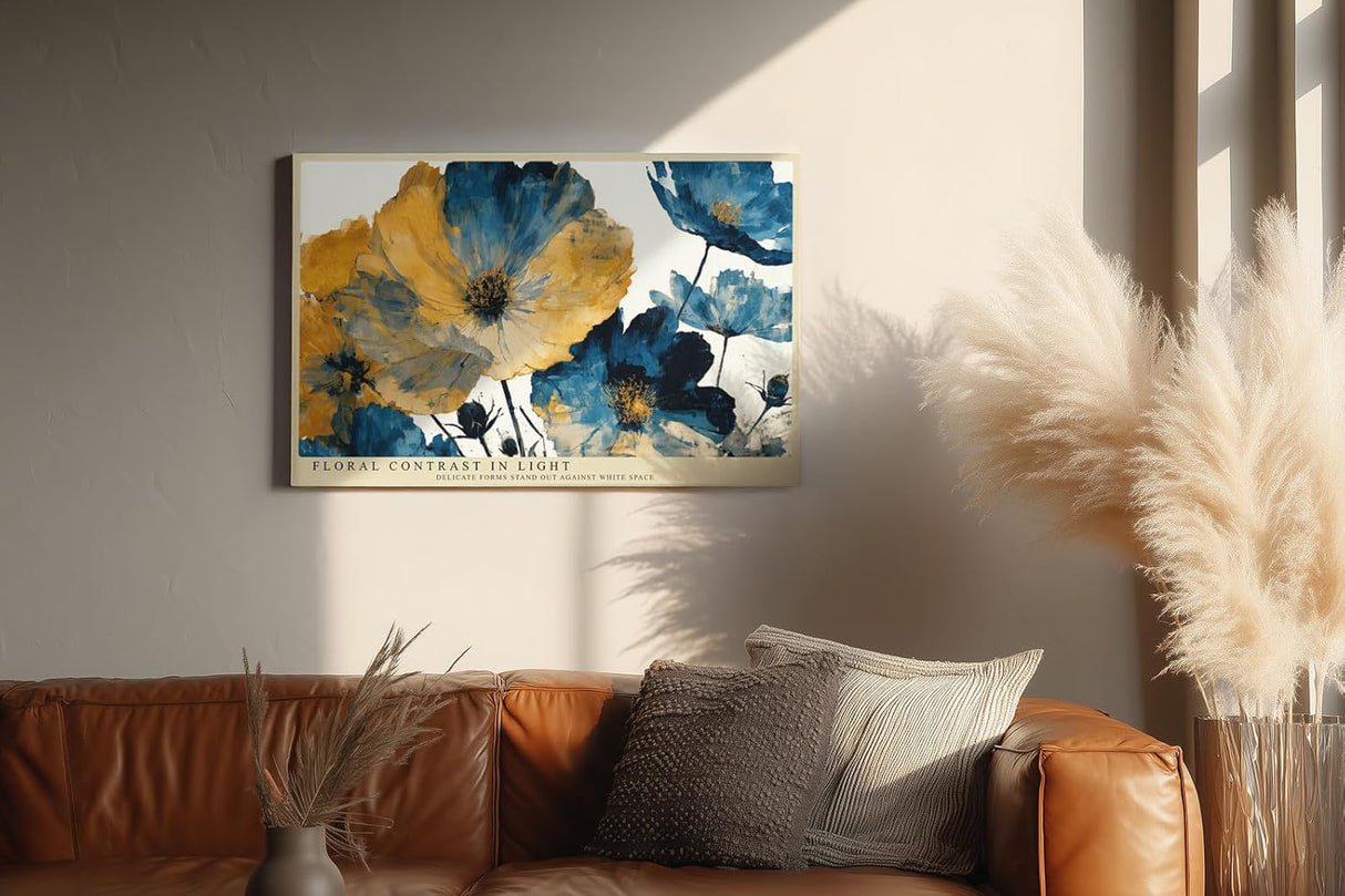 Paul Sinus Wandbild 120x80cm Floral Contrast in Light moderne Blumen Illustration in Blau und Gold Kunst Poster für Wohnzimmer Schlafzimmer