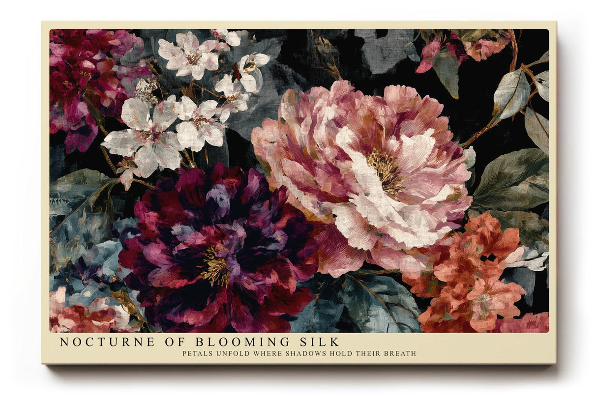 Paul Sinus Wandbild 120x80cm Florale Komposition mit grossen Blueten Dunkle botanische Kunst in Rot Rosa und Cremefarben