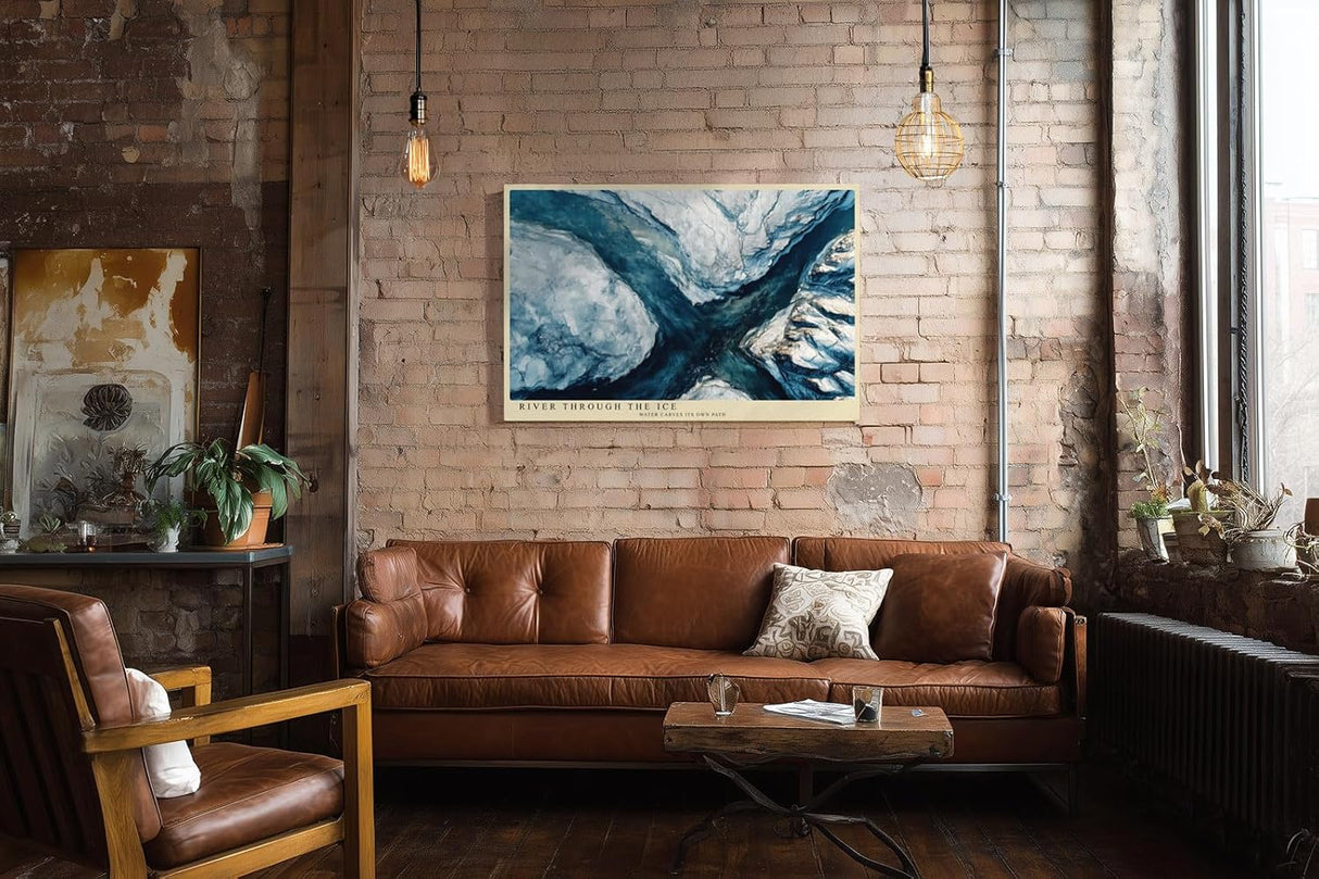 Paul Sinus Wandbild 120x80cm Fluss durch Eislandschaft Luftaufnahme moderne Naturkunst in Blau Weiss Leinwand Wanddekoration fuer Wohnzimmer Büro