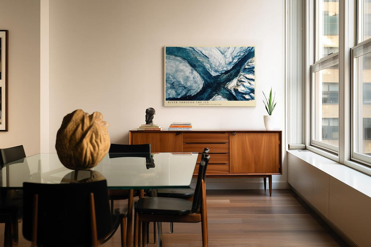 Paul Sinus Wandbild 120x80cm Fluss durch Eislandschaft Luftaufnahme moderne Naturkunst in Blau Weiss Leinwand Wanddekoration fuer Wohnzimmer Büro
