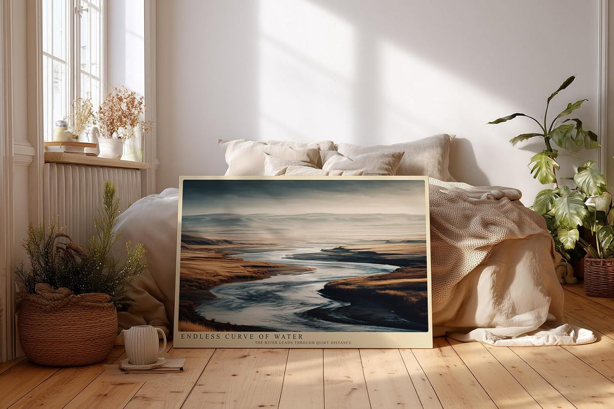 Paul Sinus Wandbild 120x80cm Fluss Landschaft modern beige blau Natur Kunstdruck grosses Kunstbild ruhige Wanddekoration fuer Wohnzimmer Büro Flur