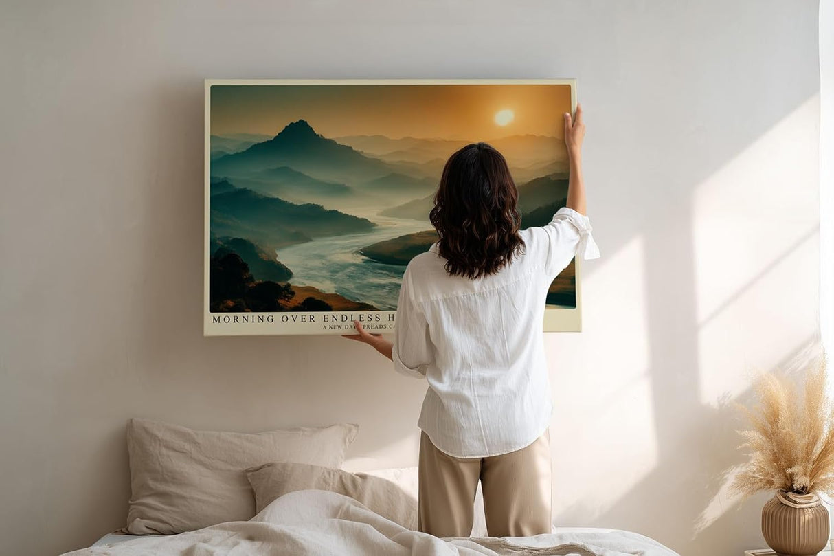 Paul Sinus Wandbild 120x80cm Flusslandschaft bei Sonnenaufgang weite Berge ruhige Natur Landschaft moderne Wanddekoration fuer Wohnzimmer Büro