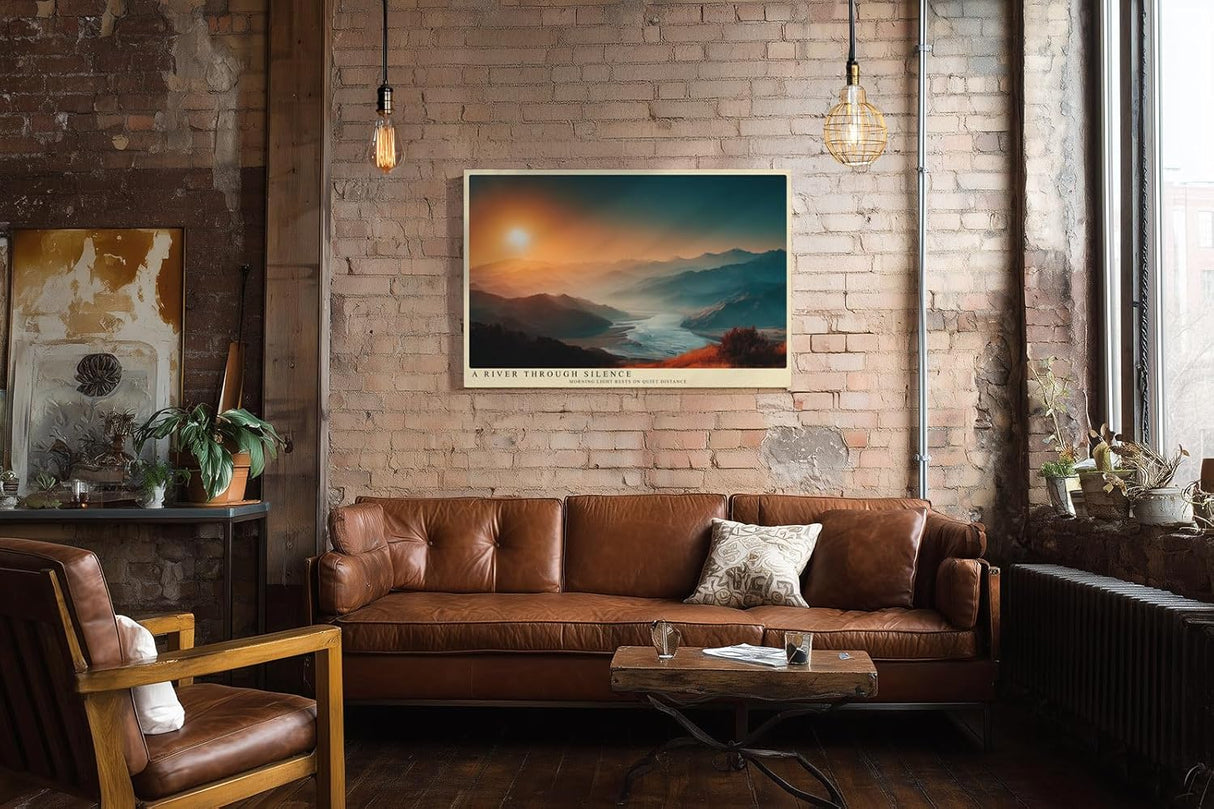 Paul Sinus Wandbild 120x80cm Flusslandschaft bei Sonnenaufgang weite Berglandschaft ruhige Natur Szene modernes Landschaftsbild stilvolle Wanddekoration fuer Wohnzimmer Büro