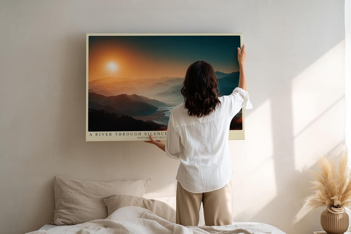 Paul Sinus Wandbild 120x80cm Flusslandschaft bei Sonnenaufgang weite Berglandschaft ruhige Natur Szene modernes Landschaftsbild stilvolle Wanddekoration fuer Wohnzimmer Büro