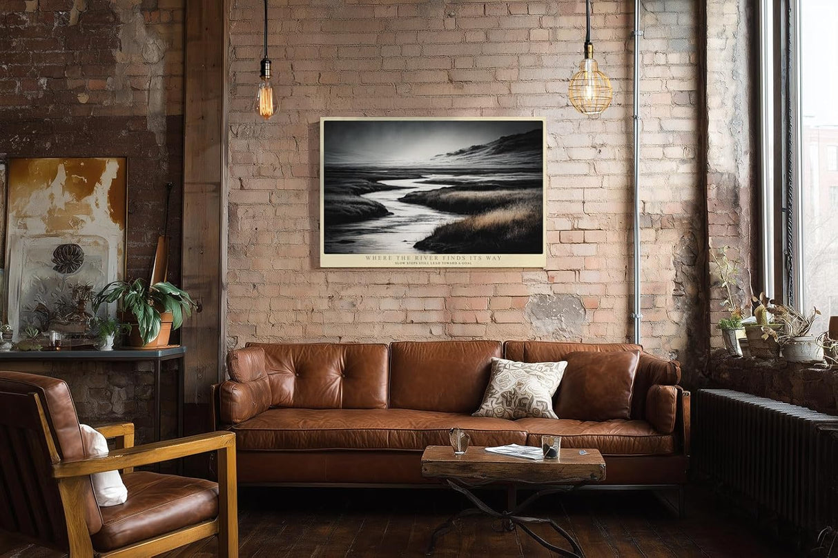 Paul Sinus Wandbild 120x80cm Flusslandschaft in Schwarz Weiss ruhige Naturfotografie mit Wiesen und Bergen minimalistische Wanddekoration fuer Wohnzimmer Büro