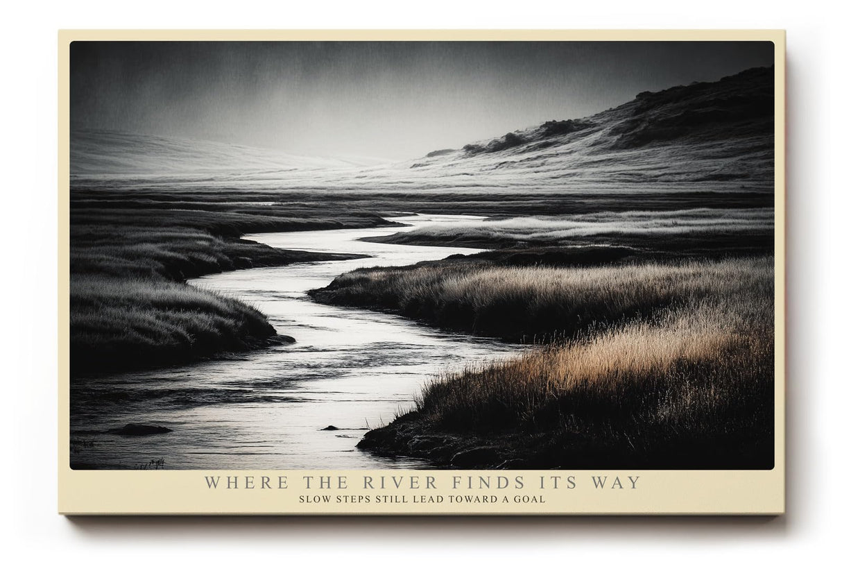 Paul Sinus Wandbild 120x80cm Flusslandschaft in Schwarz Weiss ruhige Naturfotografie mit Wiesen und Bergen minimalistische Wanddekoration fuer Wohnzimmer Büro