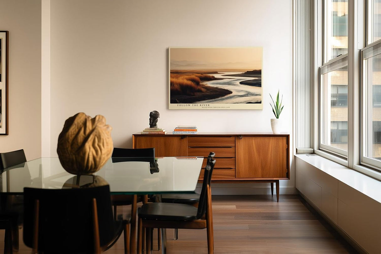 Paul Sinus Wandbild 120x80cm Flusslandschaft Natur Fotografie ruhige Landschaft mit Wasserlauf warme Abendfarben stilvolle Wanddekoration fuer Wohnzimmer Büro