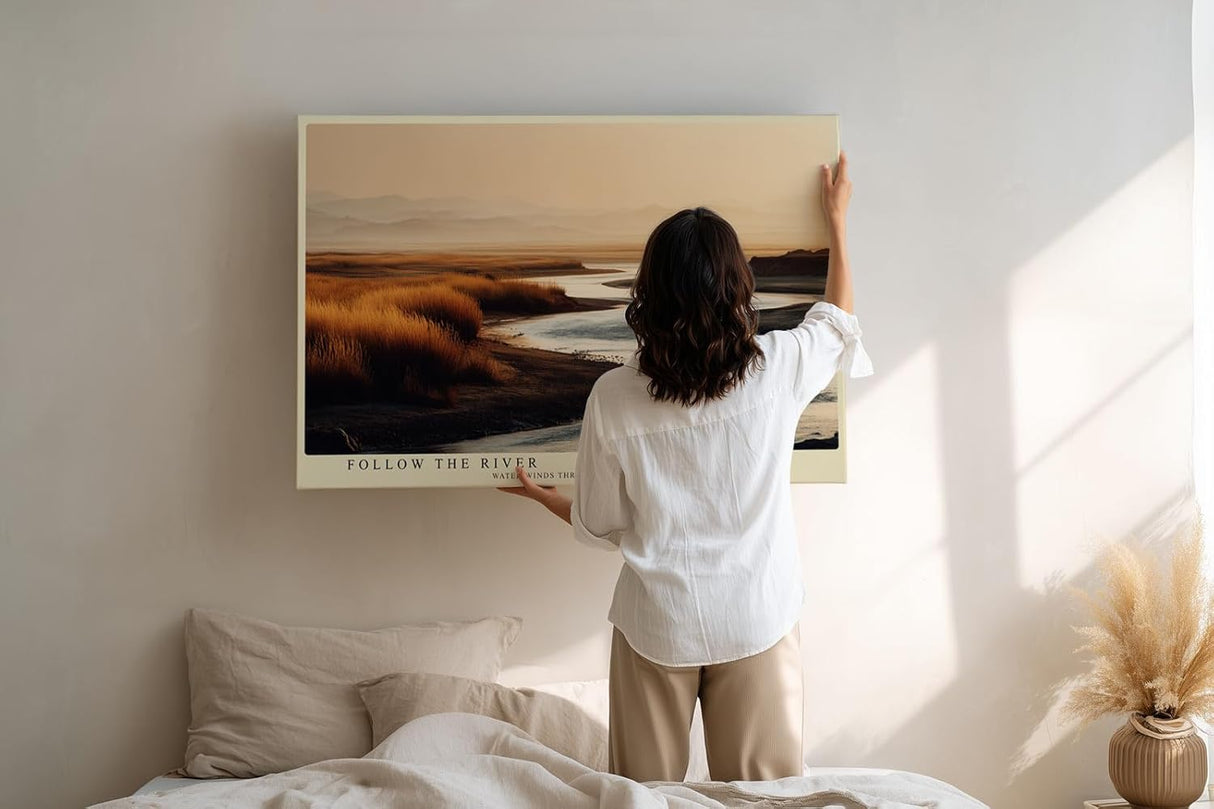 Paul Sinus Wandbild 120x80cm Flusslandschaft Natur Fotografie ruhige Landschaft mit Wasserlauf warme Abendfarben stilvolle Wanddekoration fuer Wohnzimmer Büro
