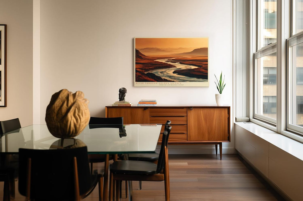 Paul Sinus Wandbild 120x80cm Flusslandschaft Sonnenuntergang modern orange gold Natur Kunst grosses Landschaftsbild stilvolle Wanddekoration fuer Wohnzimmer Büro