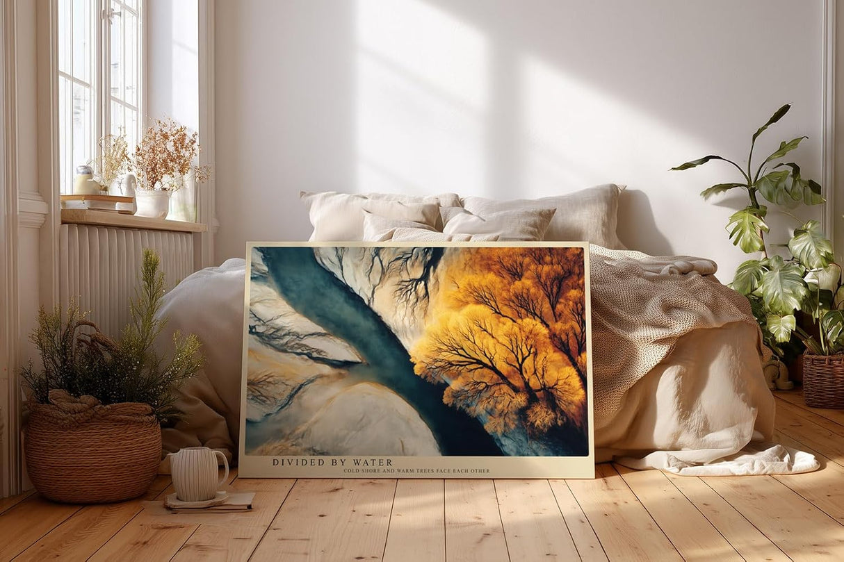 Paul Sinus Wandbild 120x80cm Flusslandschaft Vogelperspektive Natur Kunst blau gold Kunstdruck grosses Wandbild 120x80cm elegante Wanddekoration fuer Wohnzimmer Büro
