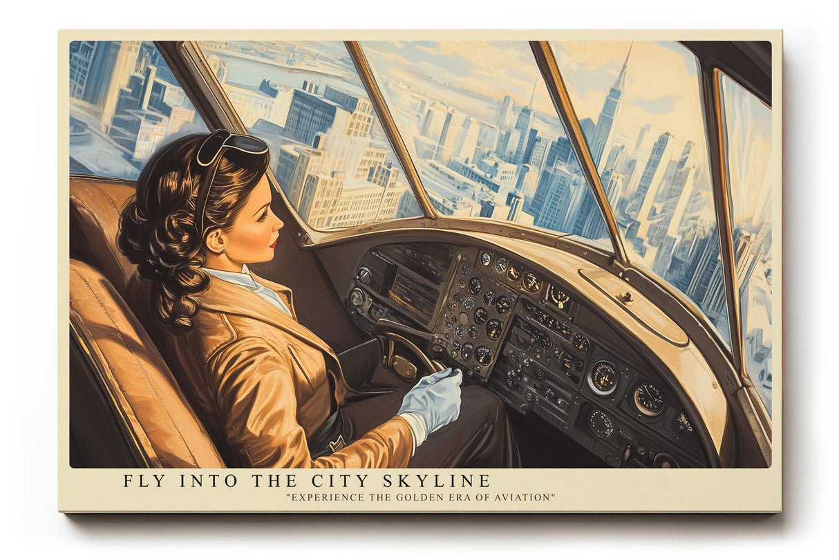 Paul Sinus Wandbild Fly into the City Skyline stilvolles Retro-Motiv einer Pilotin über der Großstadt im Cockpit