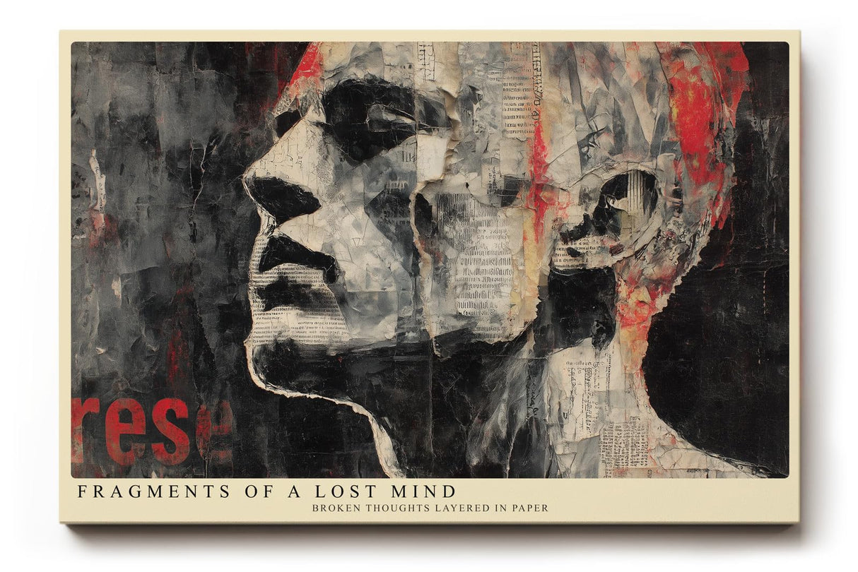 Paul Sinus Wandbild 120x80cm Fragmentiertes Männerporträt – Moderne Collagekunst mit Zeitungsstruktur und urbaner Ästhetik