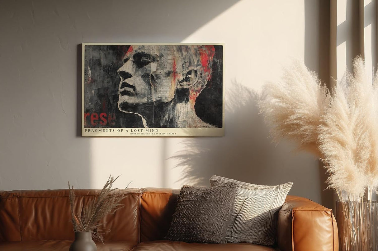 Paul Sinus Wandbild 120x80cm Fragmentiertes Männerporträt – Moderne Collagekunst mit Zeitungsstruktur und urbaner Ästhetik