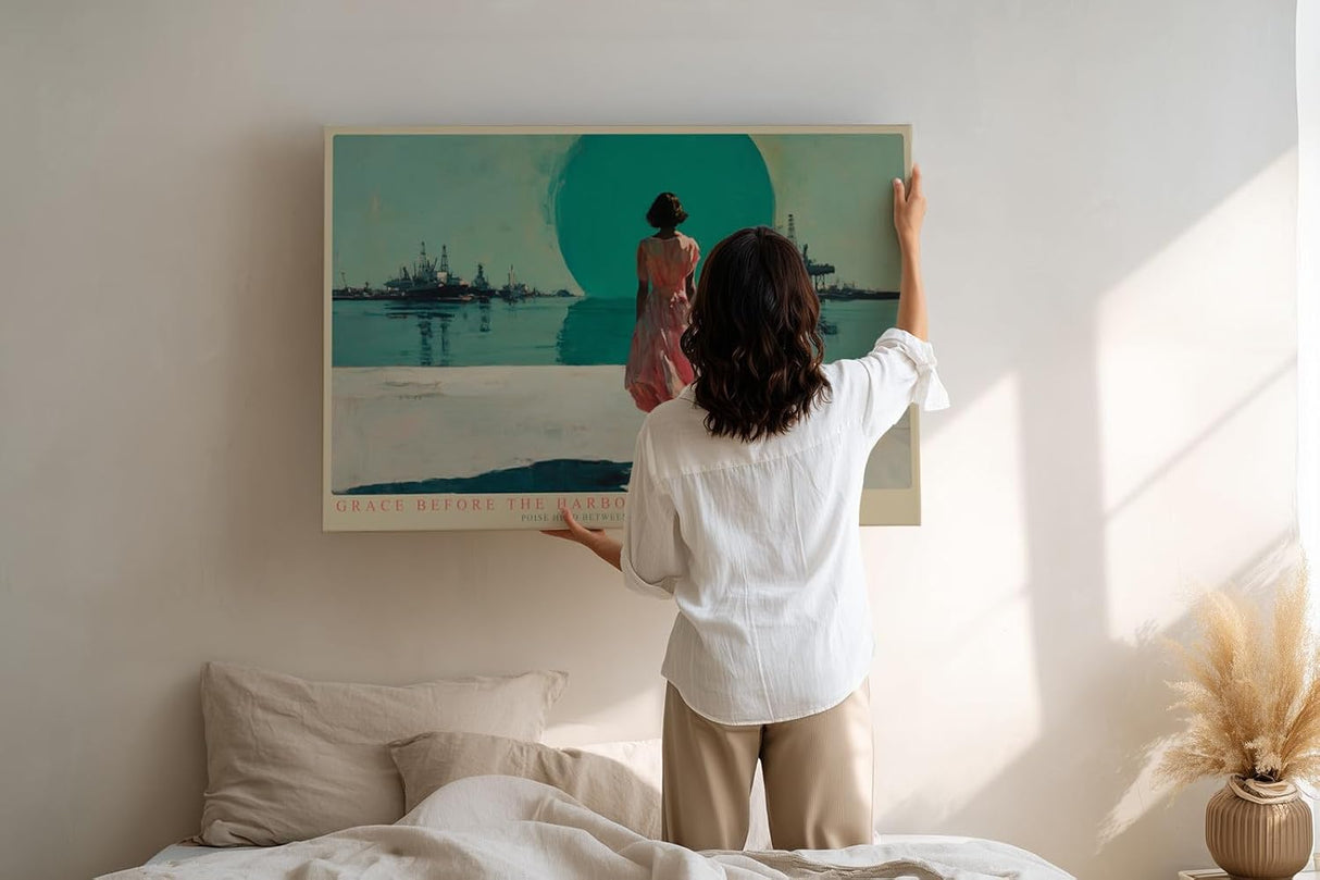 Paul Sinus Wandbild 120x80cm Frau am Hafen Moderne Küsten Illustration Kunstmotiv mit Meer Industrie Skyline für Wohnzimmer Büro