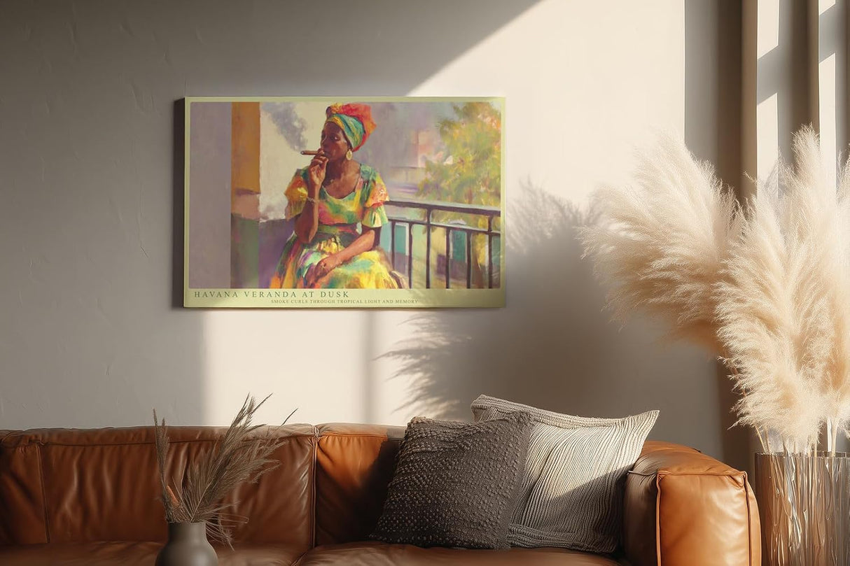 Paul Sinus Wandbild 120x80cm Frau auf Balkon Havanna Kunstmotiv mit Zigarren Szene fuer Wohnzimmer Büro und kulturelle Wohnräume