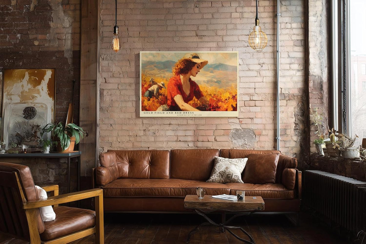 Paul Sinus Wandbild 120x80cm Frau im Goldenen Feld mit Rotem Kleid Impressionistische Natur Kunst Wanddekoration