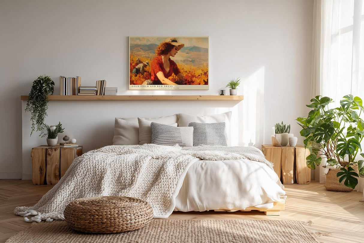 Paul Sinus Wandbild 120x80cm Frau im Goldenen Feld mit Rotem Kleid Impressionistische Natur Kunst Wanddekoration