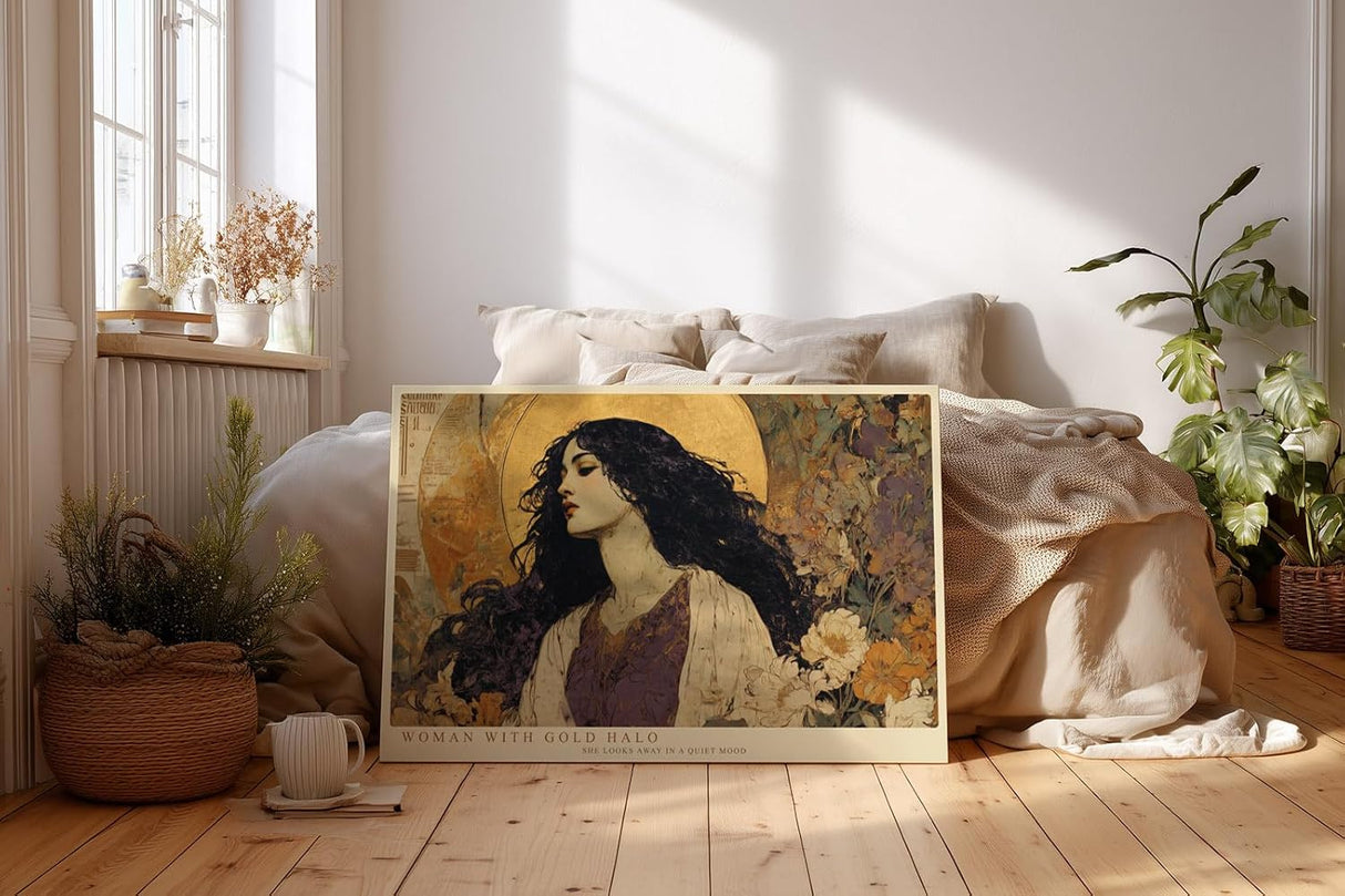 Paul Sinus Wandbild 120x80cm Frau mit Goldenem Heiligenschein Elegantes Portrait Kunst in Gold und Beige Wanddekoration