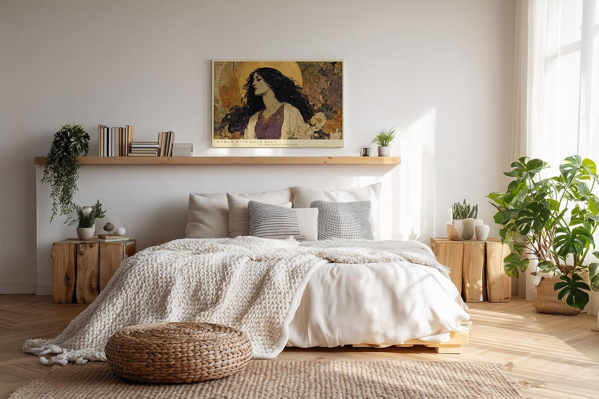 Paul Sinus Wandbild 120x80cm Frau mit Goldenem Heiligenschein Elegantes Portrait Kunst in Gold und Beige Wanddekoration