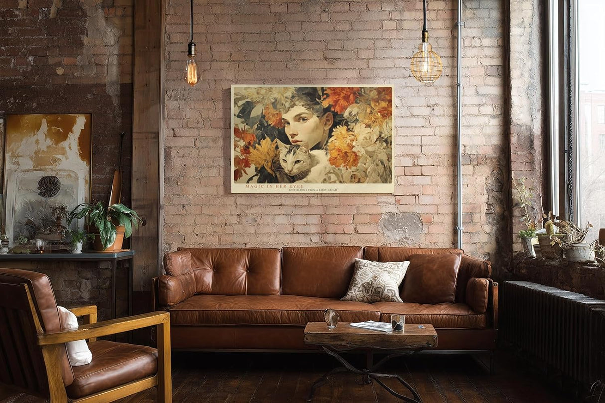 Paul Sinus Wandbild 120x80cm Frau Mit Katze Blumen Kunst LeinWandbild 120x80cm Romantisches Portrait Wanddekoration