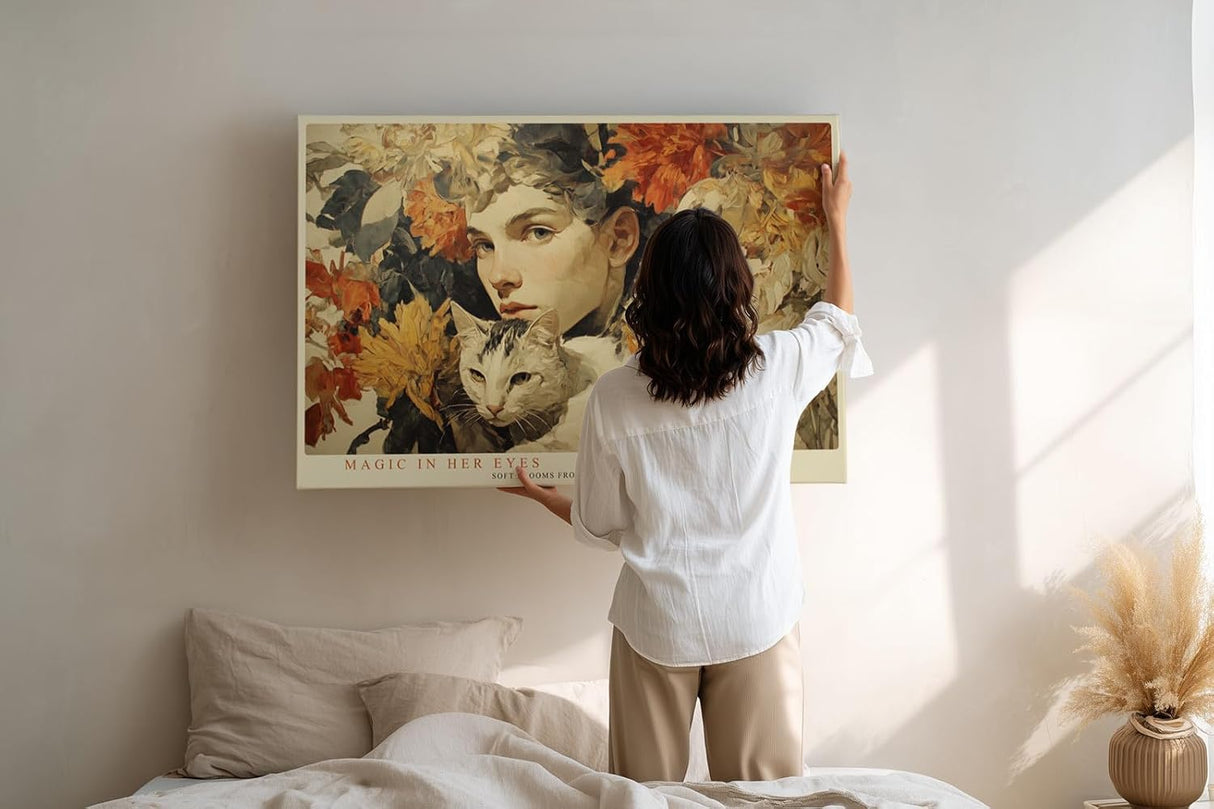 Paul Sinus Wandbild 120x80cm Frau Mit Katze Blumen Kunst LeinWandbild 120x80cm Romantisches Portrait Wanddekoration