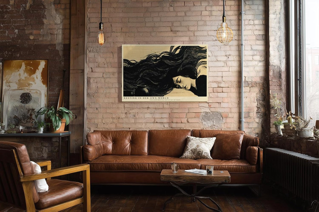 Paul Sinus Wandbild 120x80cm Frau mit langen Haaren moderne Illustration schwarz beige poetische Kunst grosses Kunstbild stilvolle Wanddekoration fuer Wohnzimmer Büro