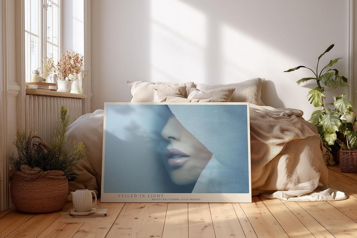 Paul Sinus Wandbild 120x80cm Frau Portrait minimalistische Kunst weiche Blautoene modernes Gesicht abstrakte Eleganz Wanddekoration fuer Wohnzimmer Büro