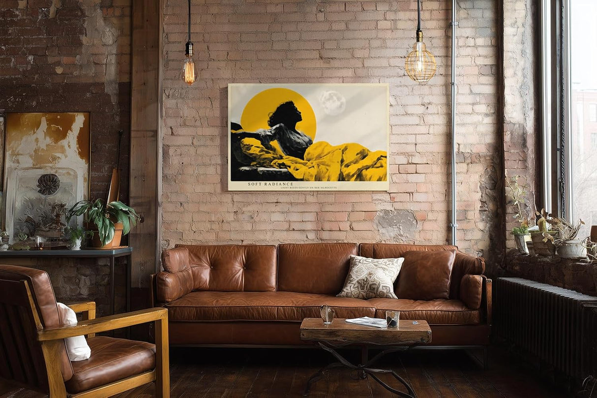 Paul Sinus Wandbild 120x80cm Frau Silhouette moderne Kunst gelb schwarz Mond Landschaft kuenstlerisches Portrait Wanddekoration fuer Wohnzimmer Büro