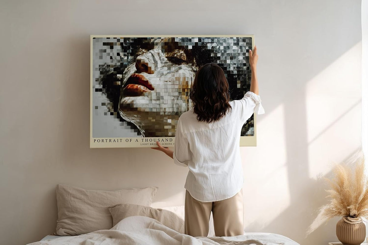 Paul Sinus Wandbild 120x80cm Frauenportrait Mosaik modern beige schwarz digitale Kunst Kunstdruck grosses Kunstbild stilvolle Wanddekoration fuer Wohnzimmer Büro Flur
