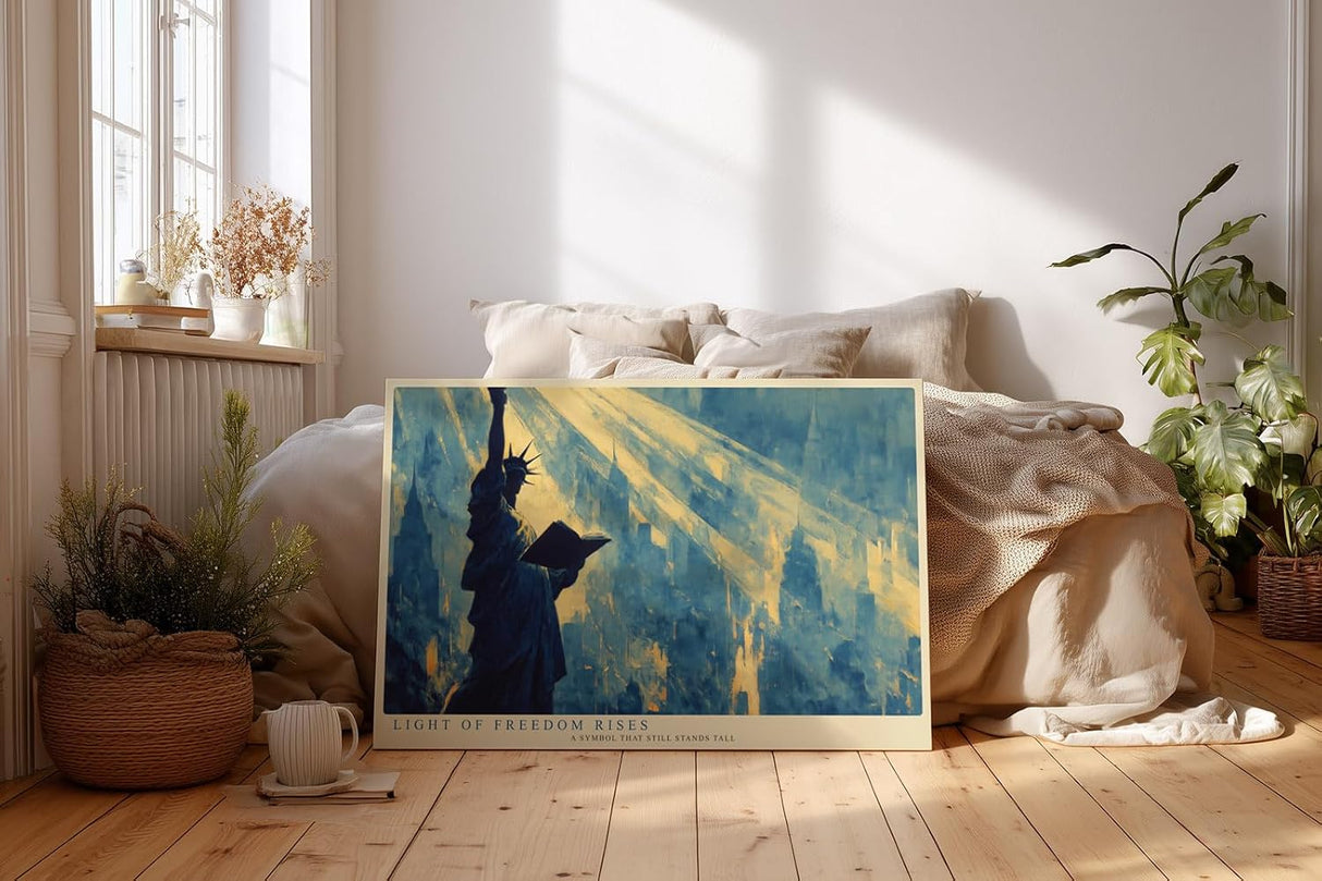 Paul Sinus Wandbild 120x80cm Freiheitsstatue New York Skyline Kunst Poster Statue of Liberty Kunstdruck modernes Stadtbild Amerika Wandbild 120x80cm für Wohnzimmer Büro Dekoration