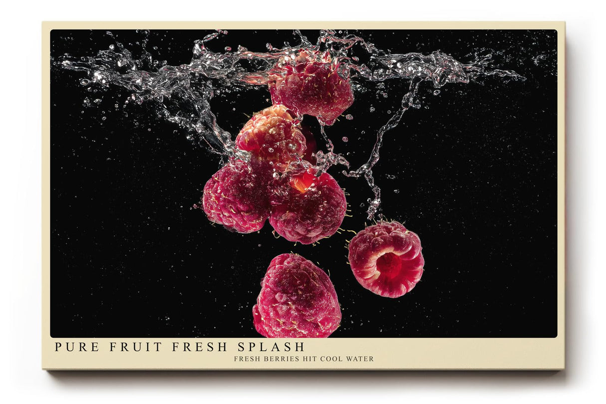 Paul Sinus Wandbild 120x80cm frische Himbeeren im Wassersplash moderne Food Fotografie rotes Frucht Kunstposter auf schwarzem Hintergrund fuer Kueche Esszimmer Bar