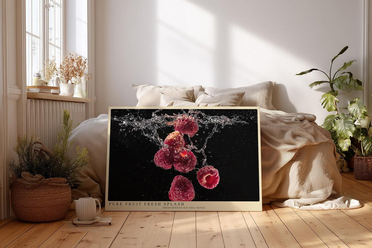 Paul Sinus Wandbild 120x80cm frische Himbeeren im Wassersplash moderne Food Fotografie rotes Frucht Kunstposter auf schwarzem Hintergrund fuer Kueche Esszimmer Bar