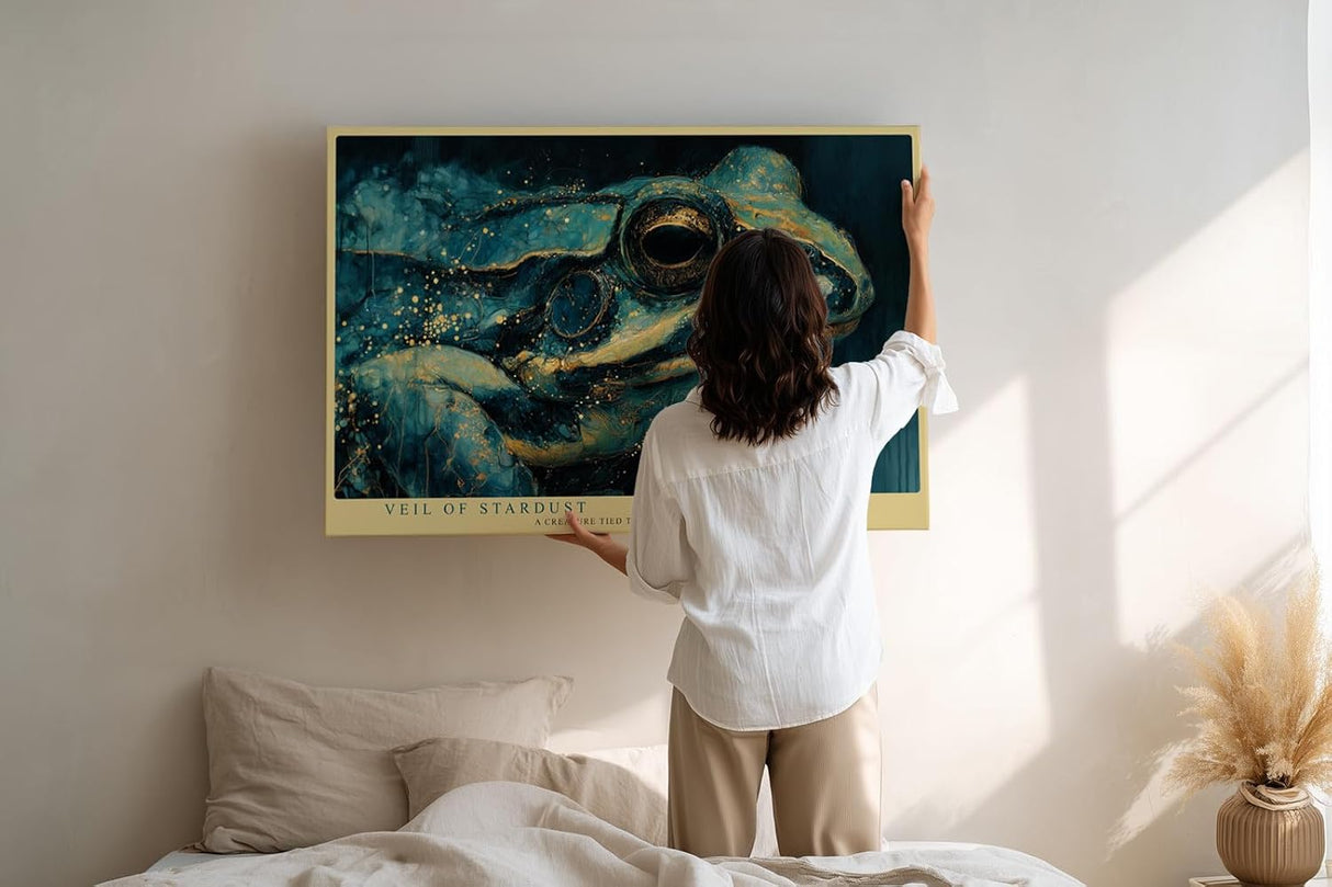 Paul Sinus Wandbild 120x80cm Frosch Nahaufnahme moderne Tierkunst blau gold Illustration Wanddekoration fuer Wohnzimmer Büro