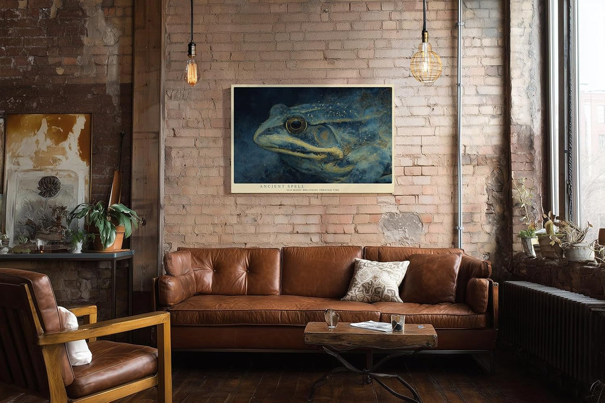 Paul Sinus Wandbild 120x80cm Frosch Portrait mystische Tierkunst blau gold moderne Illustration Wanddekoration fuer Wohnzimmer Büro