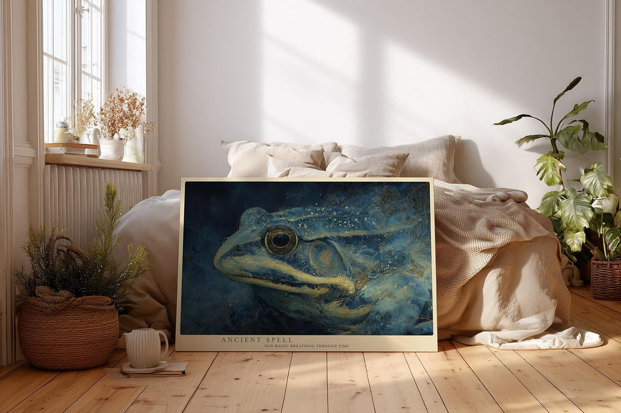 Paul Sinus Wandbild 120x80cm Frosch Portrait mystische Tierkunst blau gold moderne Illustration Wanddekoration fuer Wohnzimmer Büro