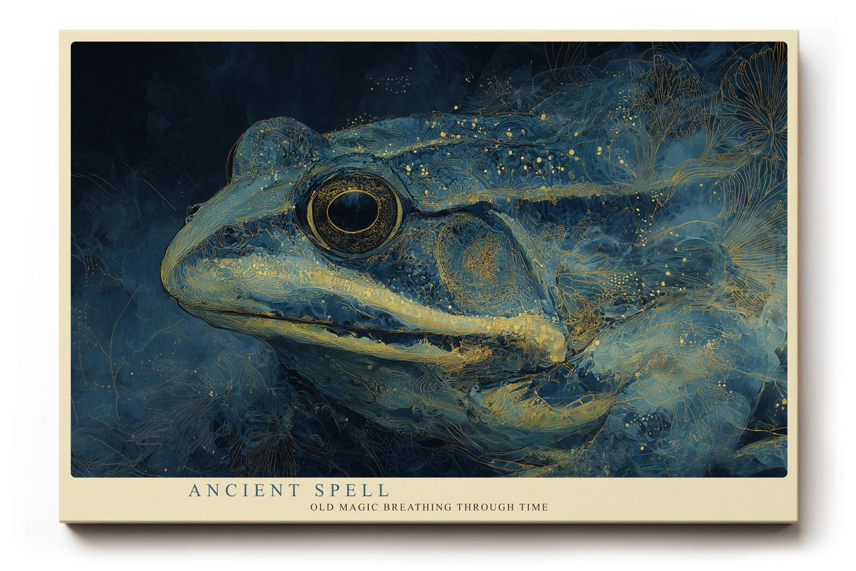 Paul Sinus Wandbild 120x80cm Frosch Portrait mystische Tierkunst blau gold moderne Illustration Wanddekoration fuer Wohnzimmer Büro